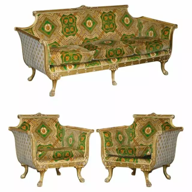 Versace Silk Velvet Upholstered Giltwood Italian Sofa & Pair Of Armchairs Suite