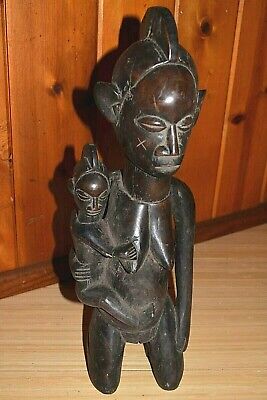 African Yaka Tribe Fertility Female Statue W Infant Wood Maternity Figure, Congo