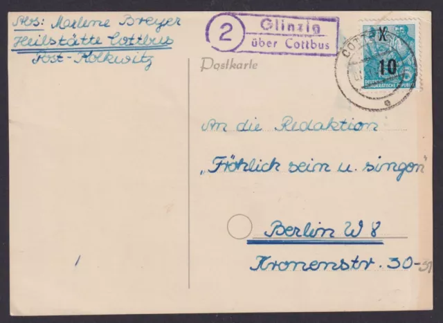 Glinzig über Cottbus Brandenburg DDR Postkarte Landpoststempel n. Berlin