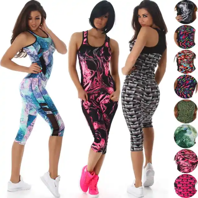 Set sportivo donna tuta fitness top leggings maglia XS S M L 34 36 38 40