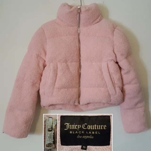 Juicy Couture Black Label PINK Sherpa Womens XS Zip-Up Down-Filled Puffer Jacket