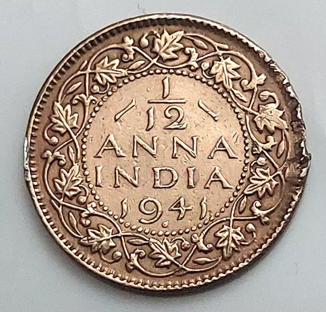 India / British 1941 1/12 Anna Coin : ' GEORGE VI KING EMPEROR '