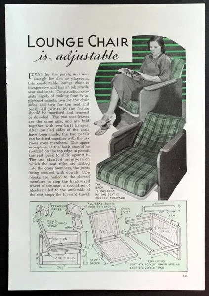 Silla de salón ajustable 1939 cómo construir planos madera y madera contrachapada construcción EZ