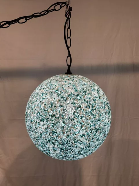 VTG Mid-Century Modern Turquoise  White Acrylic Pebble Globe Swag Hanging Lamp