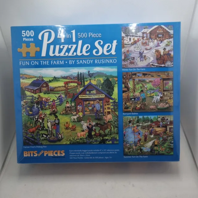 BITS AND PIECES - 4 x 500 medium  piece jigsaw puzzles FUN ON THE FARM NEW!
