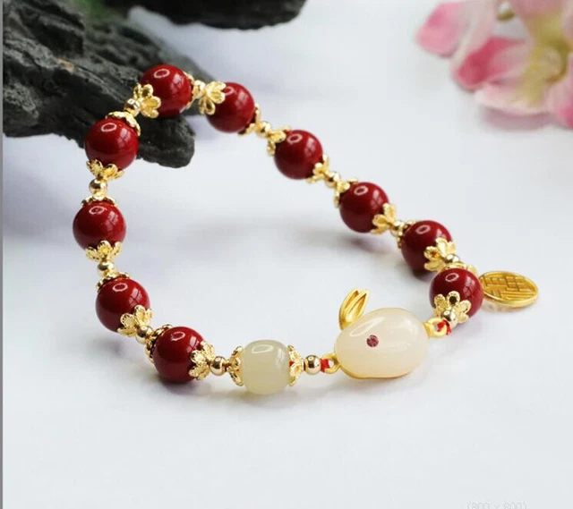Natural Cinnabar Rabbit 24K THAI BAHT YELLOW GOLD GP Bracelet