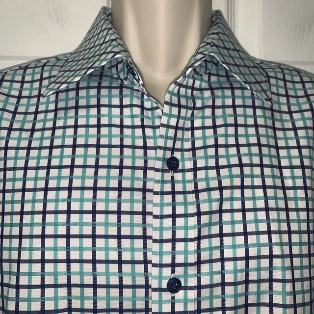 J. Hillburn Custom Shirt Navy Aqua Check Long Sleeve XL ? * SEE MEASUREMENTS *