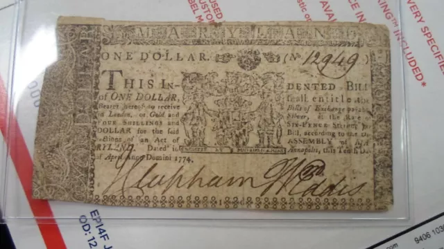 April 10, 1774 Colonial One Dollar Note Maryland