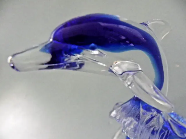 Art Glass Dolphin Figurine Cobalt Blue On Frosted Waves Blue & Clear 6.5" Tall 2
