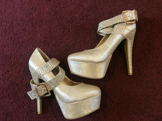 LADIES PLATFORM HIGH HEELS SPARKLY DIAMANTE  ANKLE STRAP PARTY GOLD size 4