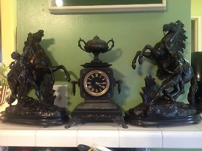 Antique French Urn Style Wind Up Clock 3 Pcs With Marley Horse Pewter Figural