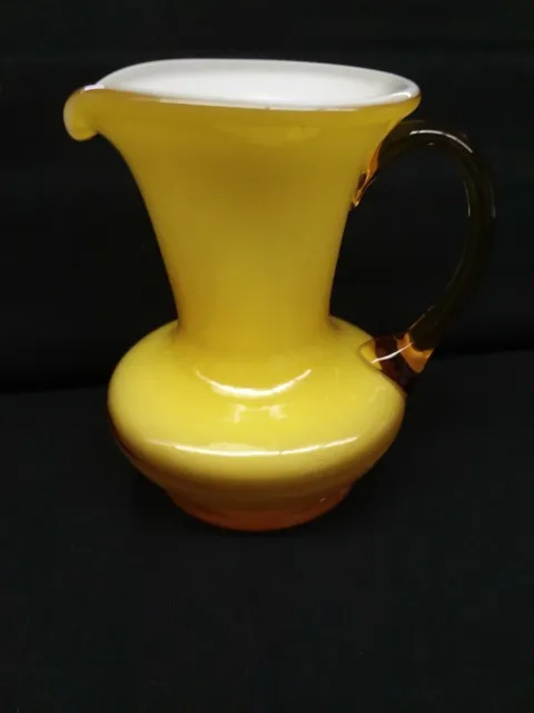 Vintage Hand Blown Yellow Amber Cased Art Applied Glass Pitcher Vase 4" Tall