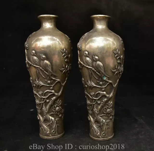 8.4" Qianlong Marked Chinese Silver Dynasty Flower Bird Plum Vase Bottle Pair