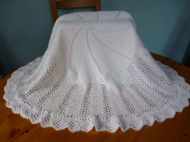 Beautiful White Hand Knitted Circular Baby Shawl  - 4 Ply