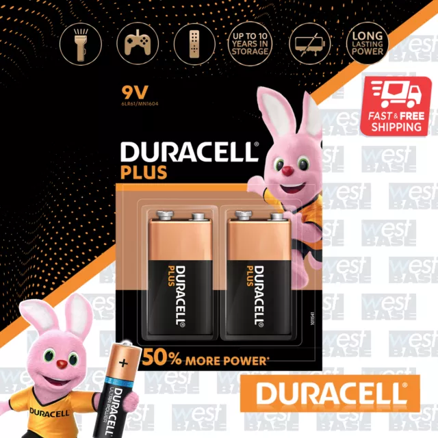 2x DURACELL 9V Plus Power Alkaline Batteries DURALOCK 6LR61 MN1604 Longest Expir