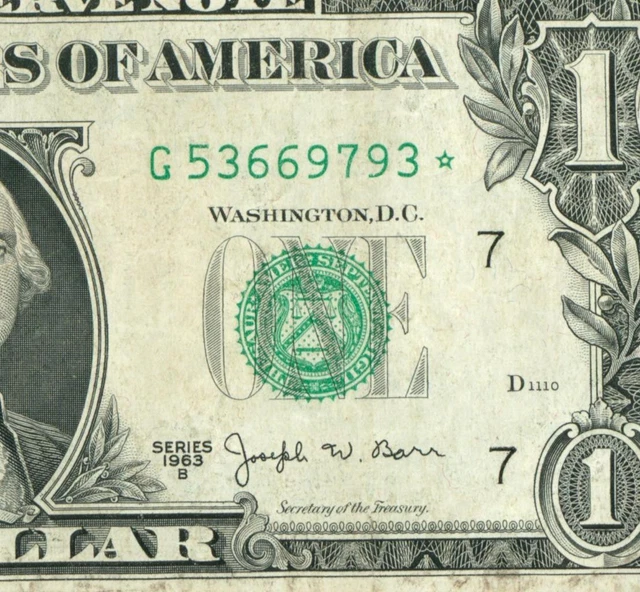 ** STAR ** $1 1963 B ((JOSEPH BARR)) Federal Reserve Note DAILY CURRENCY AUCTION