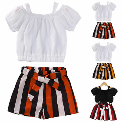 Kids Girls Casual Short Sleeve Tops + Striped Shorts Set Casual Summer Outfits