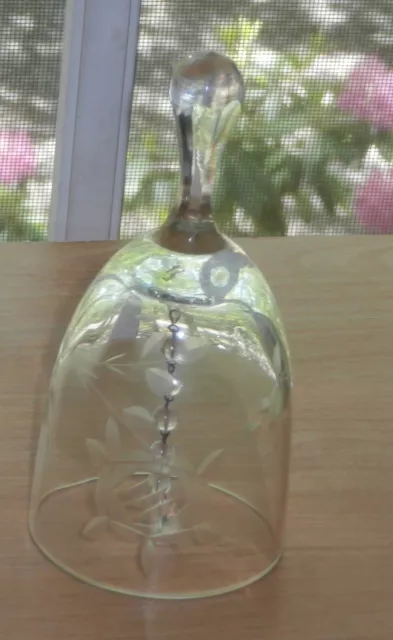 Lovely Vintage Floral Leaf Etched Glass Bell With Lovely Glass Beaded Clapper