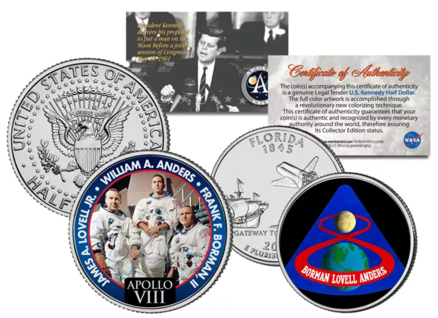 APOLLO 8 SPACE Colorized 2-Coin Set US Quarter & JFK Half Dollar NASA ASTRONAUTS