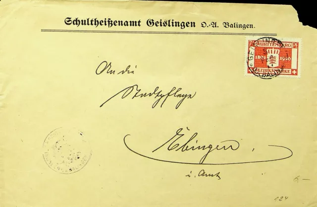 SEPHIL GERMANY WURTTEMBERG 7½pf ON COVER GEISLINGEN TO EBINGEN W/ SCARCE CACHET