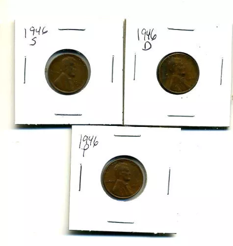 1946 P,D,S Wheat Pennies Lincoln Cents Circulated 2X2 Flips 3 Coin Pds Set#1382