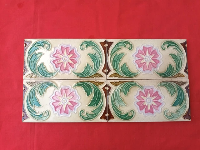 4 Piece Old Art Nice Flower Design Majolica Ceramic Tiles Belgium 0066