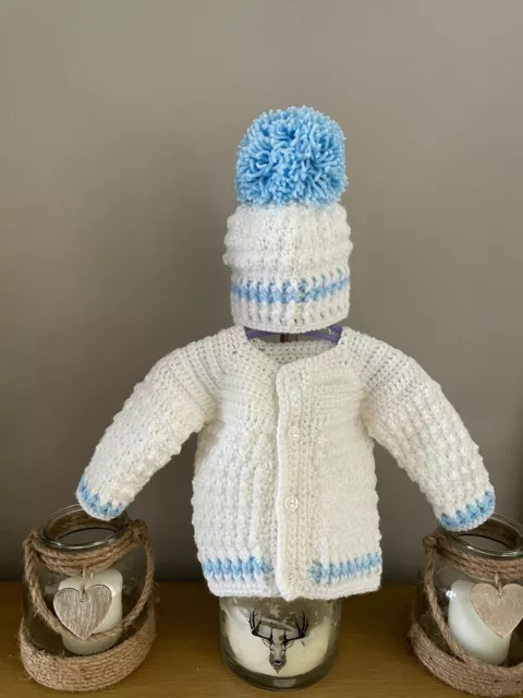 hand knitted baby cardigan and hat set