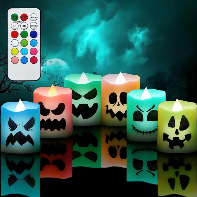 6 Pcs Halloween Flameless Candles with Remote Timer with Ghost Face Design