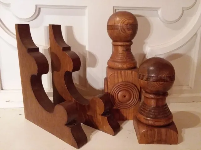 Antique Pair Wood Brackets & Two Wood Newel Post Finials Architectural Salvage