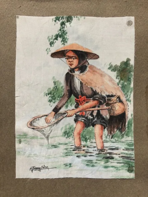 Acuarela vietnamita sobre tela, Firmado, Joven pescadora, Artes asiáticas,...