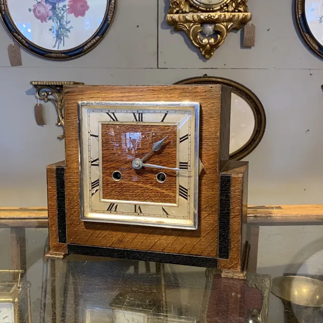 Antique Large Square Art Deco Mantle Clock Wood 1920s 1930s Chrome 2