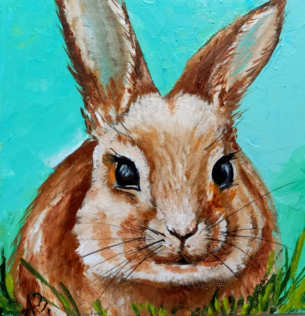 Rabbit Oil Painting Cute Bunny Original Art Wildlife Animals Portrait Artwork