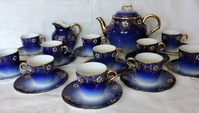 SERVICE A CAFE EN FAIENCE DE LUNEVILLE EMAILLEE BLEU de FOUR ET OR