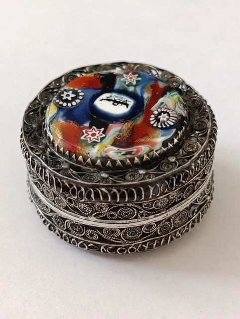 Bague Ancienne En Argent Massif 925 Avec Verre Millefiori - Taille 53,5 - Occasion Bon état