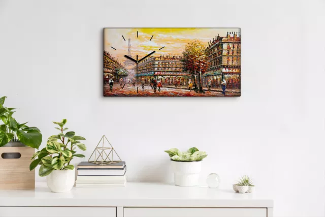 Horloge murale sur toile 60x30 paris eiffel arbre bâtiments rue personnes 3