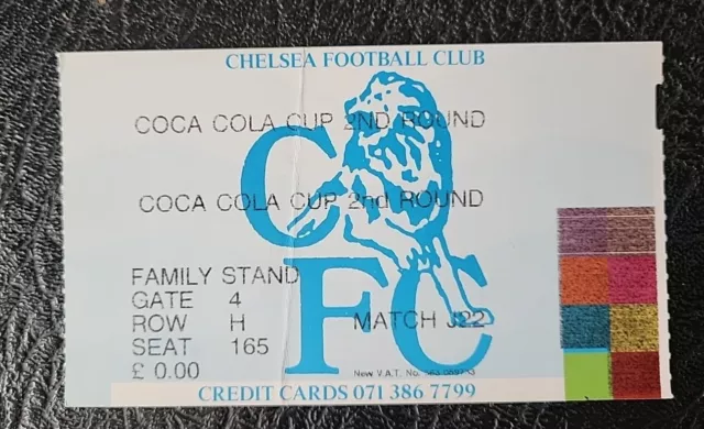 Ticket Stub Chelsea V Stoke City Coca-Cola League Cup 2nd Round 1995 / 1996