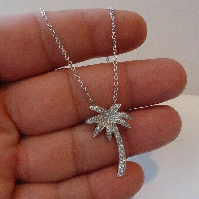 2Ct Round Natural Moissanite Palm Tree Pendant 14K White Gold Plated Free Chain
