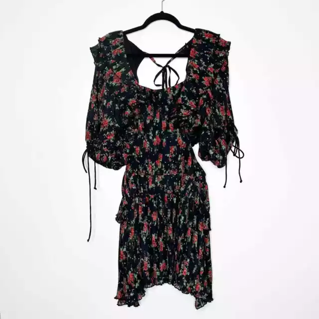 NWOT ASOS Design Luxe Ruffle Floral Cut Out Pleat Mini Dress Womens Black SZ 12