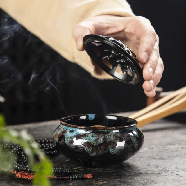 Chinese Handmade Ceramic&Alloy Cover Incense Burner Censer Coil Stick Holder
