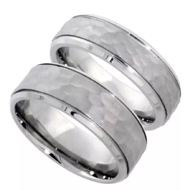 Stainless Steel His (8mm) & Hers (6mm) Hammered Center Wedding Bend Ring Set