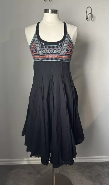 Free People Black Embroidered Boho Festival Midi Cotton Dress Sz 6