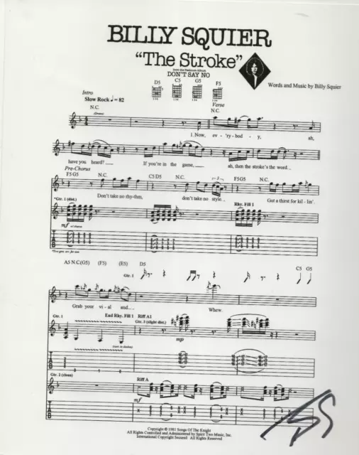 Billy Squier REAL hand SIGNED The Stroke Sheet Music COA Autographed