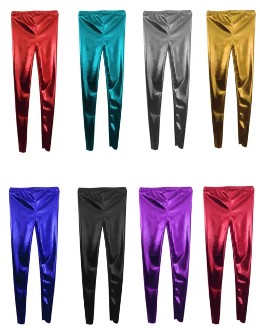 LADIES WOMEN'S GIRLS Disco  Metallic  Shiny Pants Dance  Leggings Footless 8-26