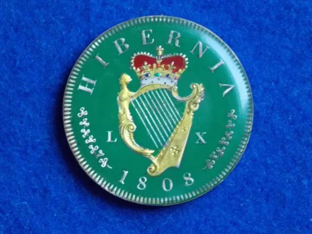 Enamelled 1808 George III "Hibernia" Irish Crown restrike coin, Hand Crafted