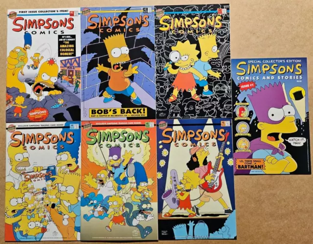 THE SIMPSONS #1-6 + 1st Simpsons comic w/ posters & trading cards inserts VF/NM