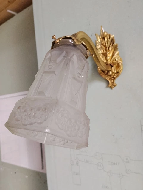 P.maynadier : Grande Applique Art Déco Bronze Argenté & Tulipes En Verre Press%c3%a9