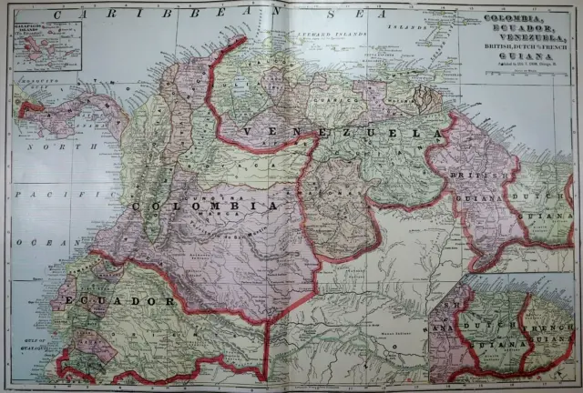 Old (Lg14x22) 1904 Cram's Atlas Map ~ VENEZUELA - COLUMBIA ~ Free S&H ~Inv#300