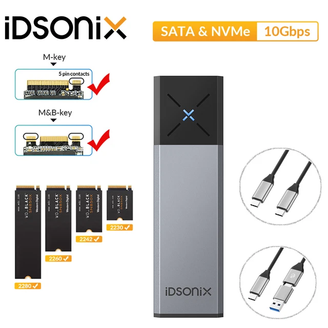 IDsonix USB3.2 10Gbps To M.2 NVMe SATA SSD External Enclosure Storage Case USB-C