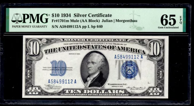 UNITED STATES 1934 $10 Silver Certificate. FR#: 1701m (MULE). PMG: 65 EPQ. TOUGH
