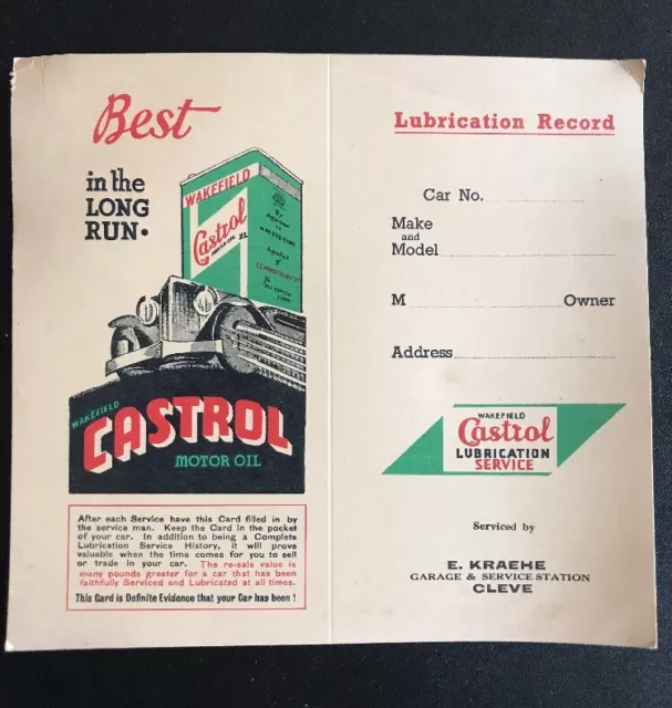 Wakefield Castrol Early Vintage Motor Oil Lubrication Record